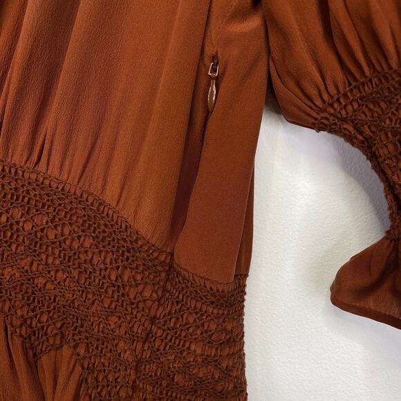 LOVE SAM Blixen Smocked Dress  Sz S 100% Silk Cognac Brown Ruffles Boho Cowgirl - Picture 9 of 14